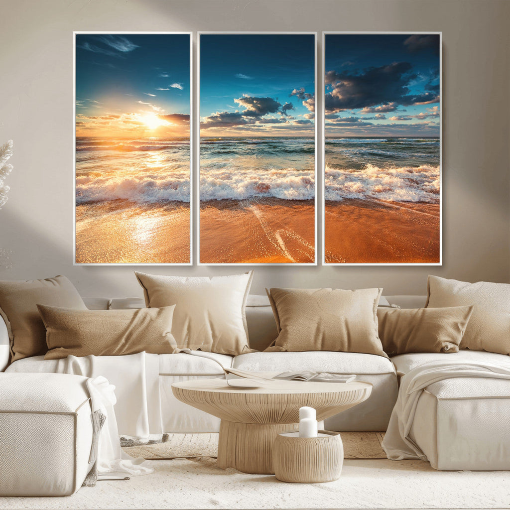 Golden Sunset Beach Triptych Canvas Art, Giclee Coastal Wall Decor, Ocean Waves Print