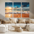 Golden Sunset Beach Triptych Canvas Art, Giclee Coastal Wall Decor, Ocean Waves Print