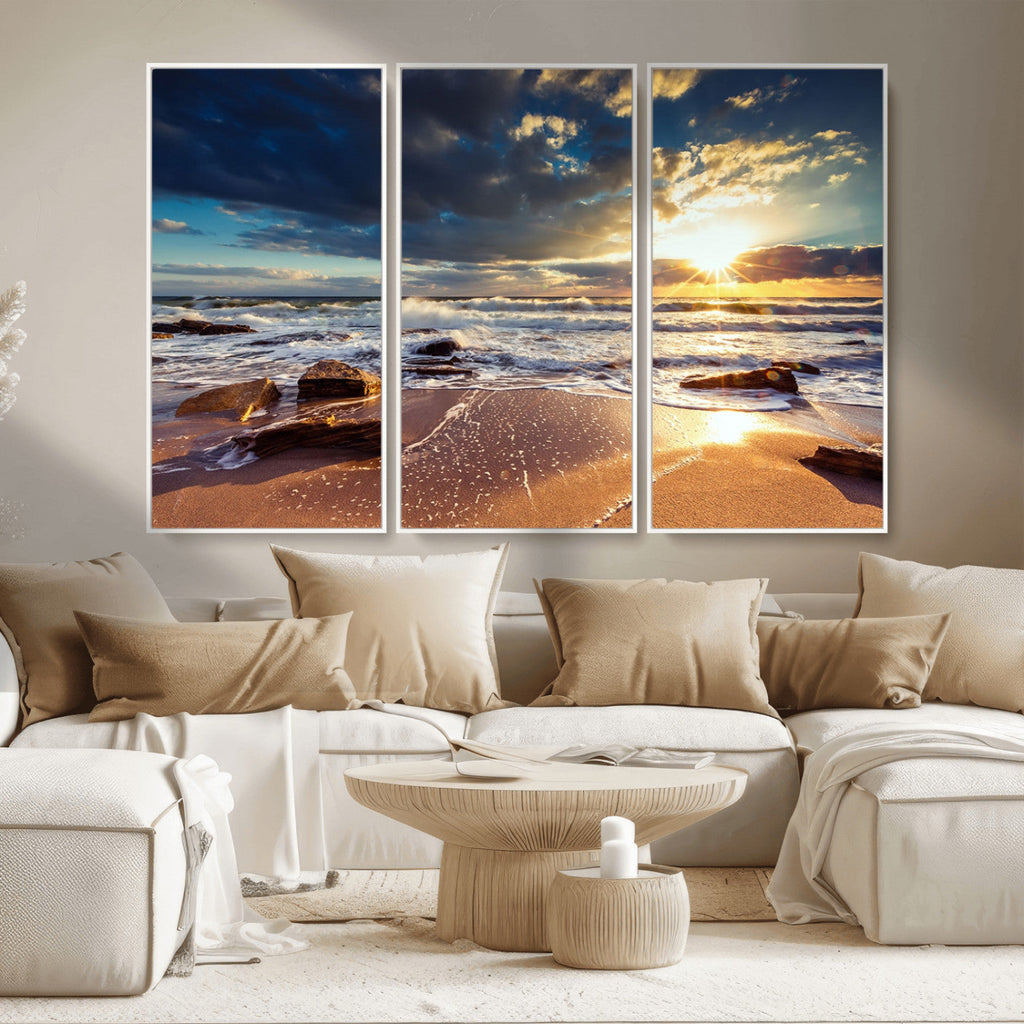 Golden Hour Beach Sunset Canvas Triptych, Ocean Waves and Rocks Wall Art