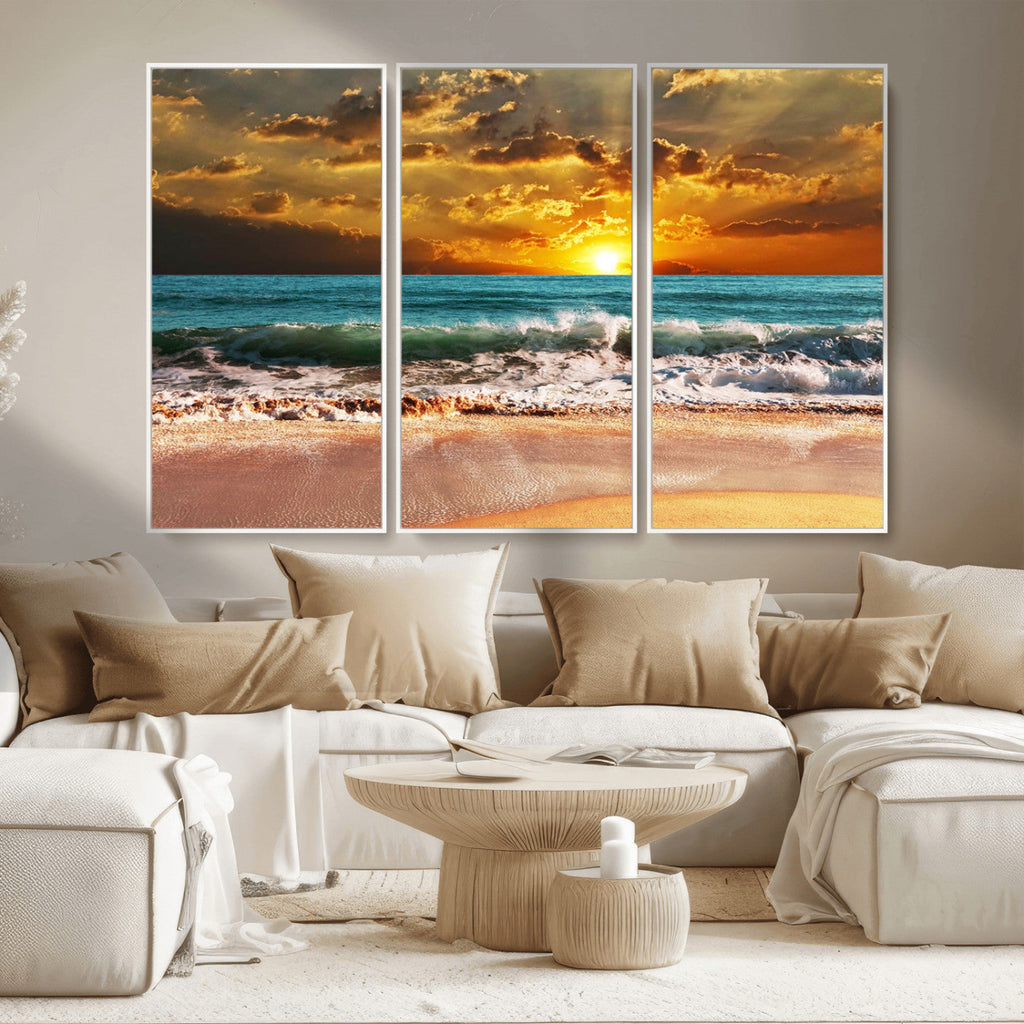 Golden Sunset Beach Canvas Wall Art | Triptych Seascape Print, Framed and Ready to Hang
