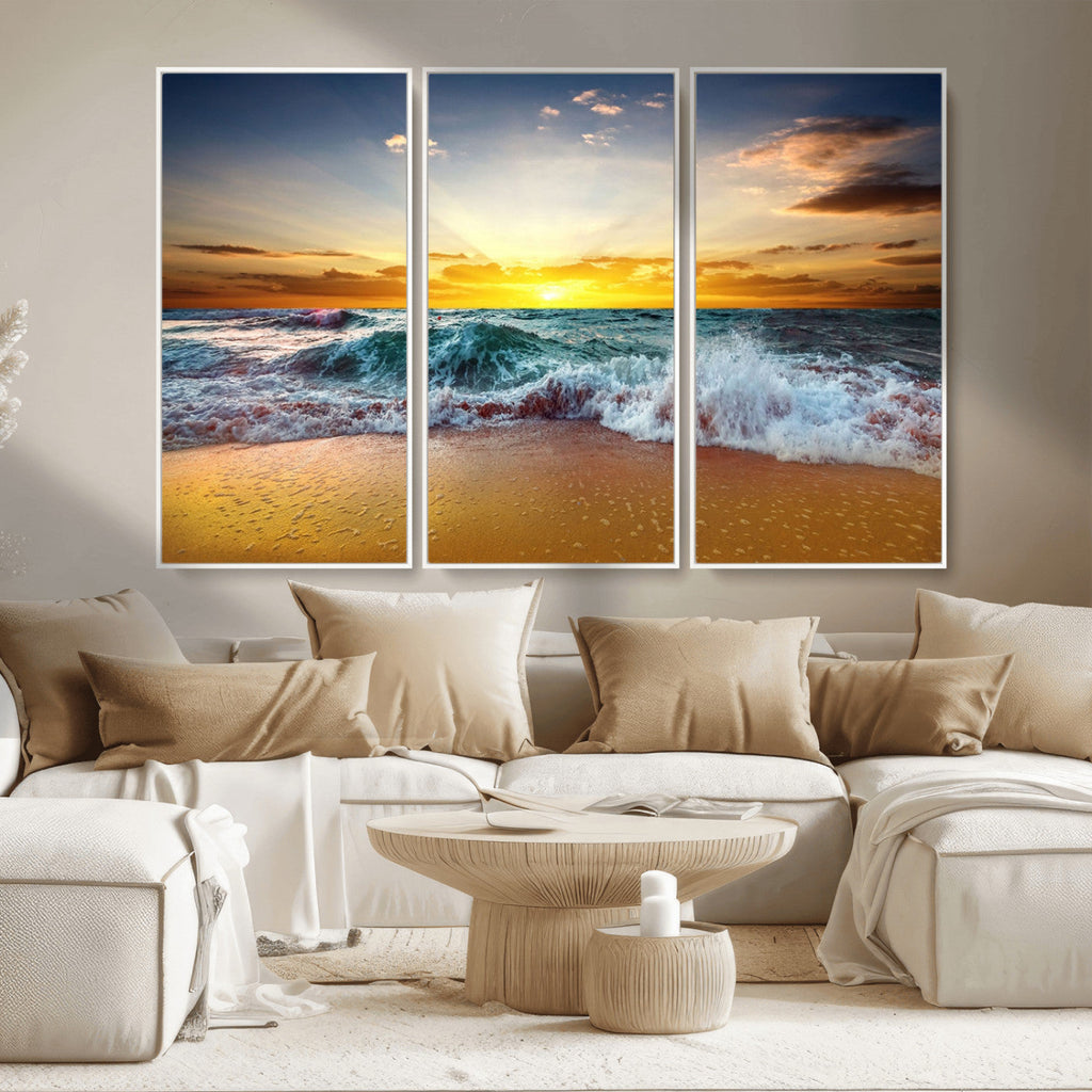 Golden Sunset Ocean Waves Wall Art Canvas Print | Multi Panel Beach Canvas Set, Coastal Triptych