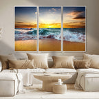 Golden Sunset Ocean Waves Wall Art Canvas Print | Multi Panel Beach Canvas Set, Coastal Triptych