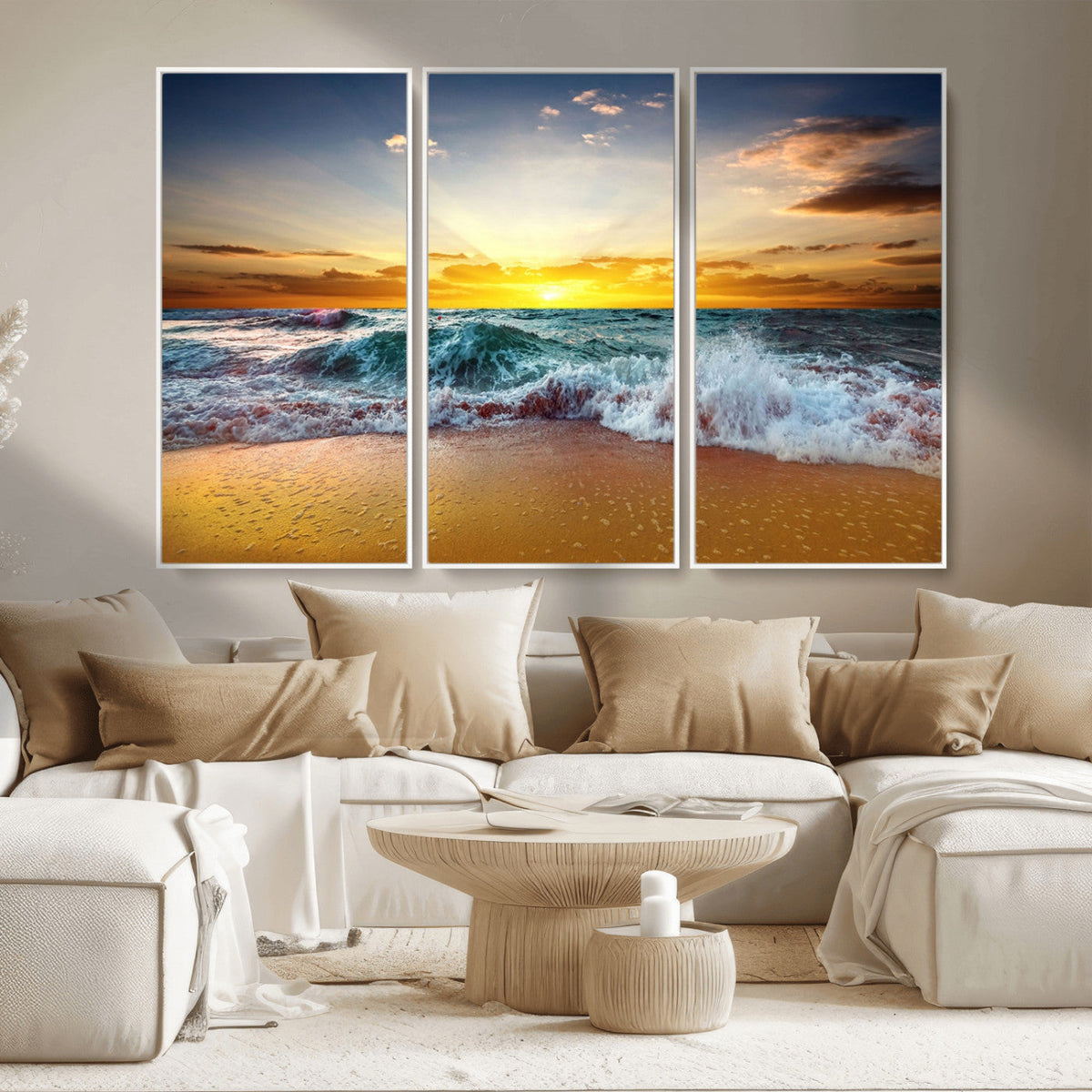 Golden Sunset Ocean Waves Wall Art Canvas Print | Multi Panel Beach Canvas Set, Coastal Triptych