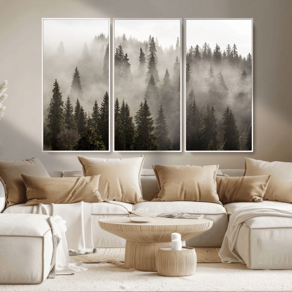 Foggy Mountain Wall Art | 3-Panel Foggy Forest and Mountain Landscape Canvas Print