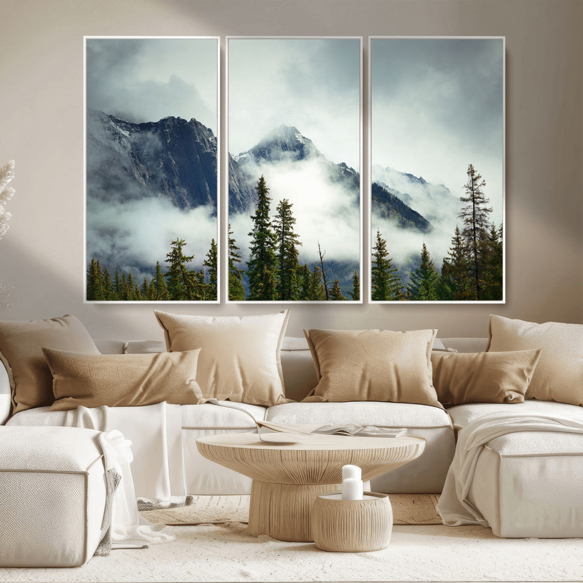 Mountain Mist Canvas Wall Art Print | 3-Panel Foggy Forest and Mountain Landscape