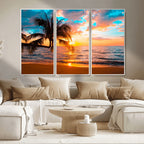 Palm Tree Sunset On The Beach Wall Art Canvas, Framed Palm Tree Sunset Canvas Print