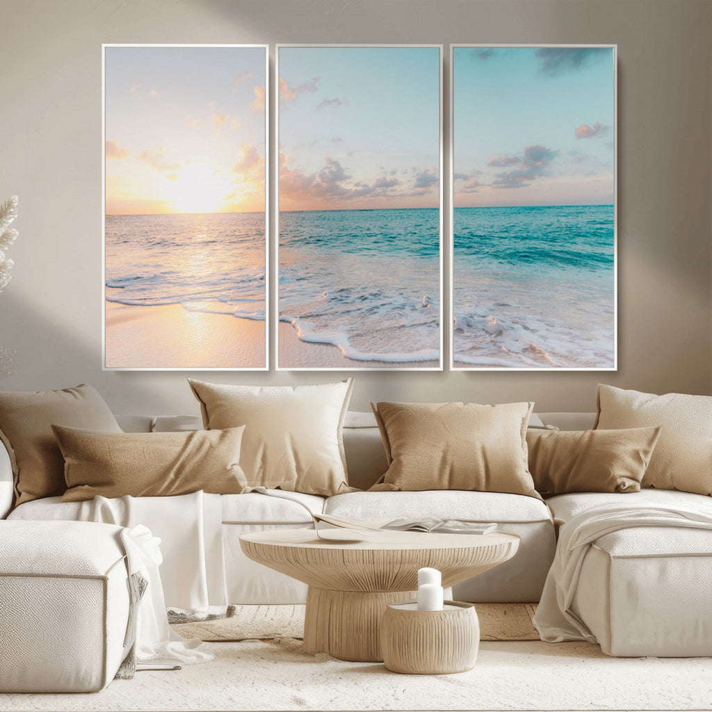 Tranquil Ocean Beach Sunset Canvas Wall Art | 3-Panel Coastal Decor