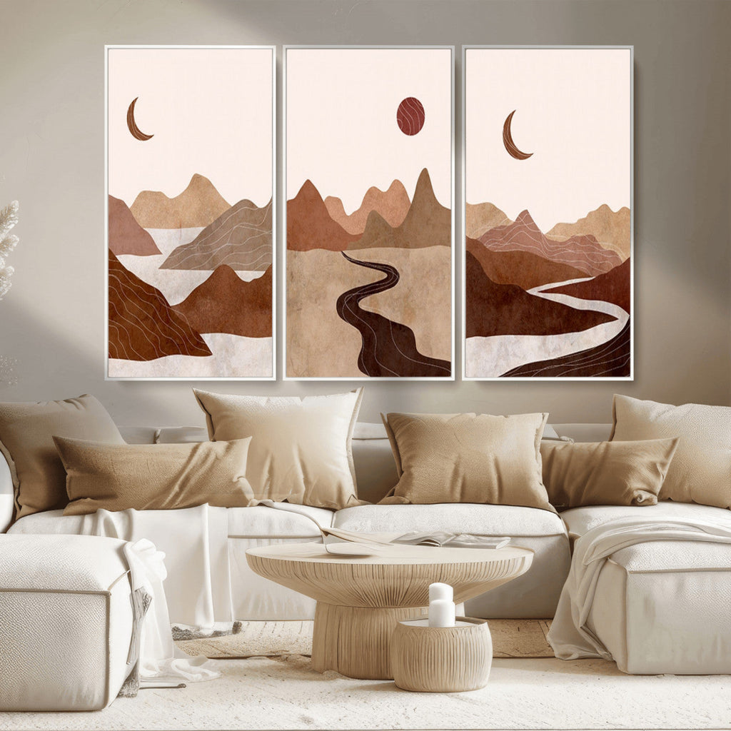 Boho Wall Art Canvas Print Set | Mid-Century Bohemian Wall Artwork, Boho Neutral