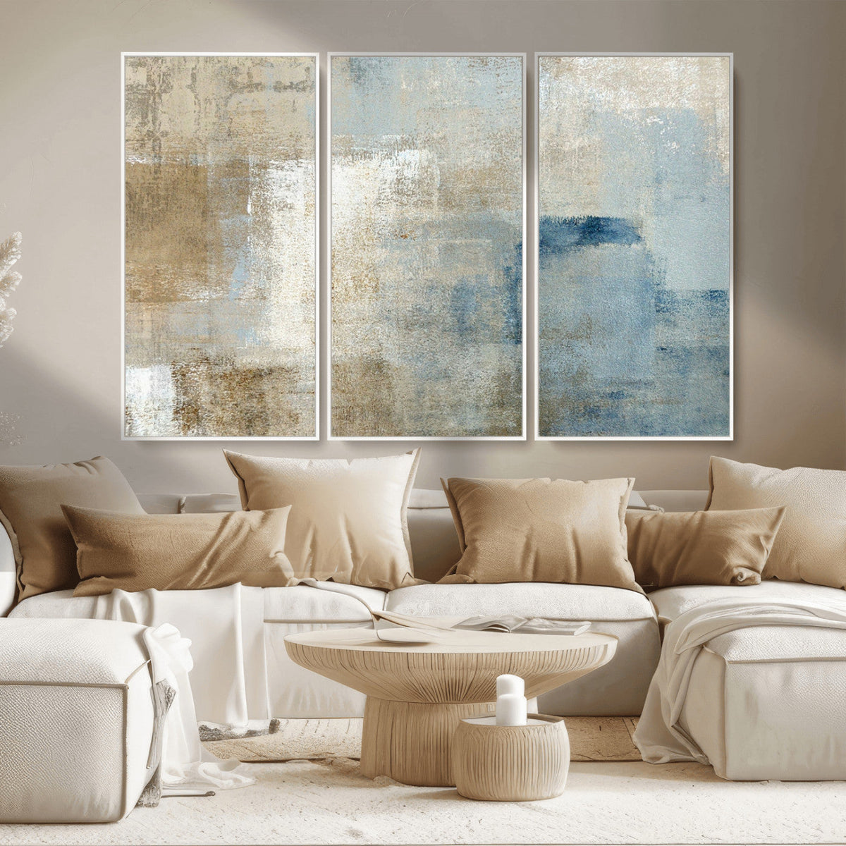 Abstract Blue and Beige Wall Art, Modern Minimalist Canvas Print Set