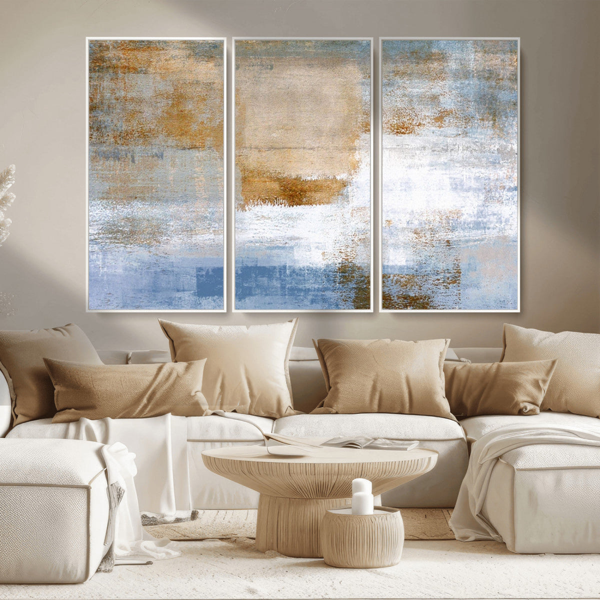 Blue Multi Panel Abstract Wall Art Canvas, Abstract Blue and Gold Canvas Print