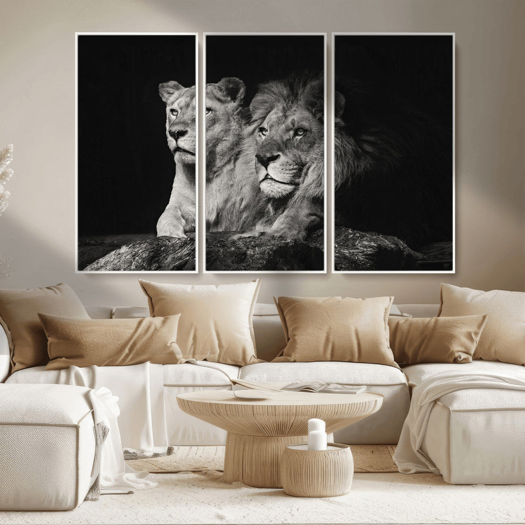 Lion Couple Wall Art Canvas Print, Elegant Black and White Wildlife Portrait