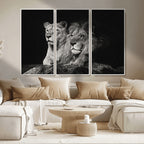 Lion Couple Wall Art Canvas Print, Elegant Black and White Wildlife Portrait