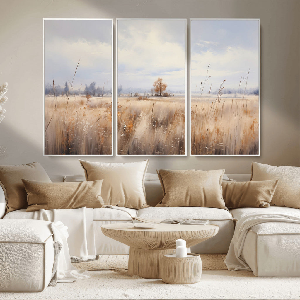 Golden Fields Wall Art Print Canvas | Serene Minimalist Landscape for Farmhouse Decor