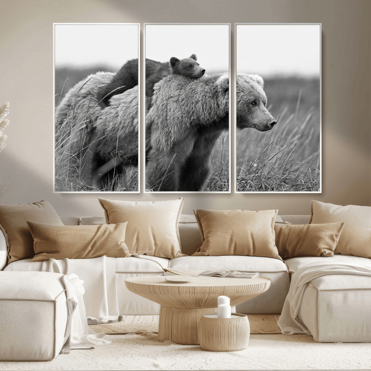 Bear and Cub Wall Art Canvas | Grizzly 399 Bear and Cub Black and White Wildlife Print