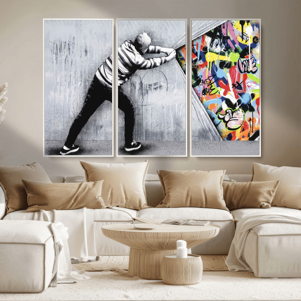 Banksy Art Behind the Curtain Street Wall Art Canvas Print | Urban Graffiti Style Wall Decor