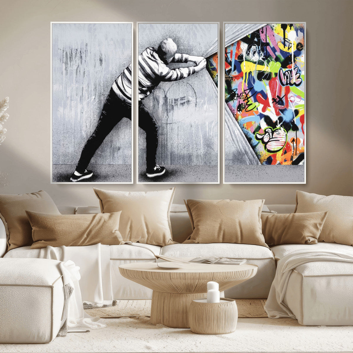 Banksy Art Behind the Curtain Street Wall Art Canvas Print | Urban Graffiti Style Wall Decor