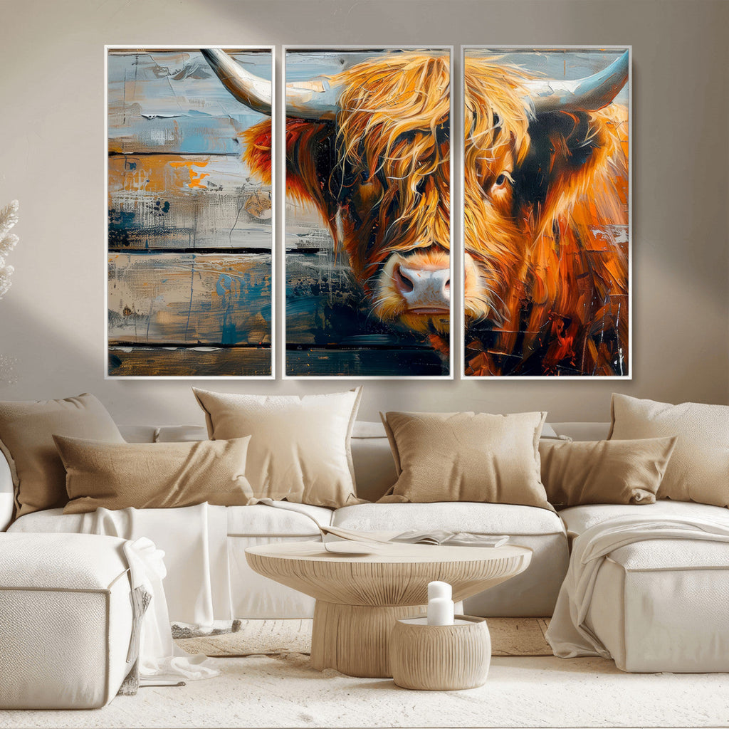 Highland Cow Abstract Canvas Wall Art, Bold Farmhouse Decor