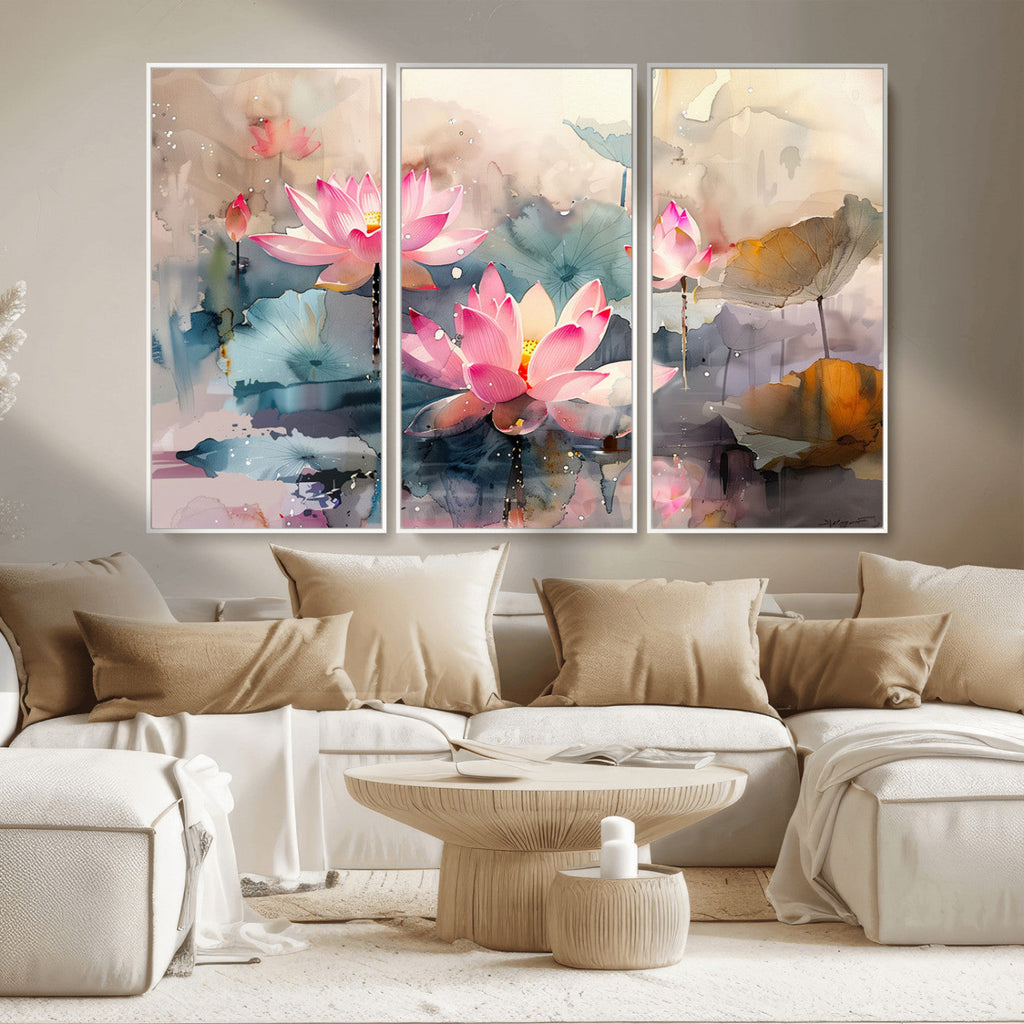 Lotus Flower Wall Art | 3 Panel Giclee Canvas Print of Pink Lotus Blossoms