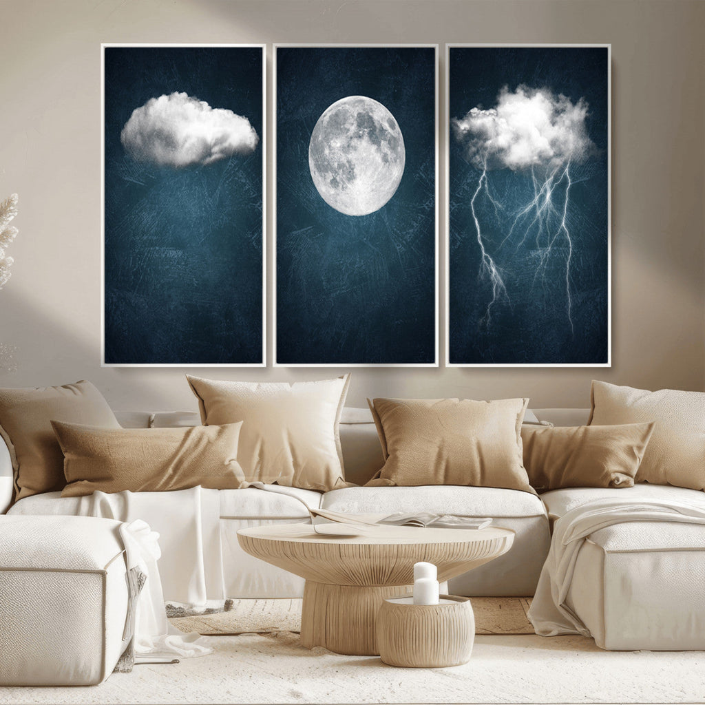 3 Piece Indigo Cloud Wall Art, Thunderstorm Moon Cloud Artwork
