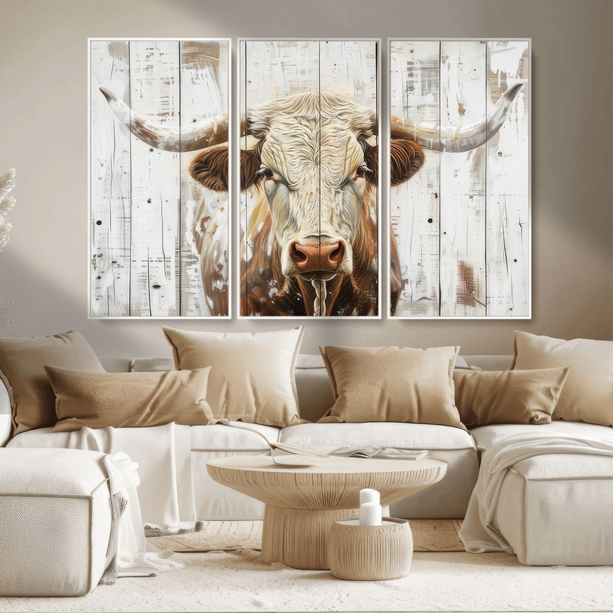 Rustic Longhorn Bull Wall Art Canvas Set