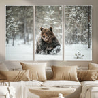 Grizzly Bear Wall Art | Framed Snowy Forest Canvas Artwork