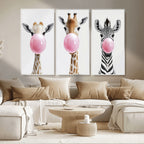 Bubblegum Animals Canvas Wall Art, Playful Giraffe and Zebra Trio, Whimsical Nursery and Kids Room Decor