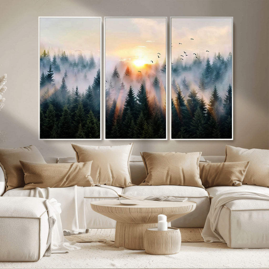 Abstract Forest Wall Art, Serene Nature Canvas Print with Misty Forest Design for Modern Home Decor