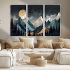 Moonlit Mountain Wall Art Canvas Print, Framed Silhouetted Pines Art, Layered Peaks Rustic Decor