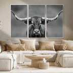 Texas Longhorn Wall Art Canvas Print, Framed Western Bull Photography, Rustic Log Cabin Decor