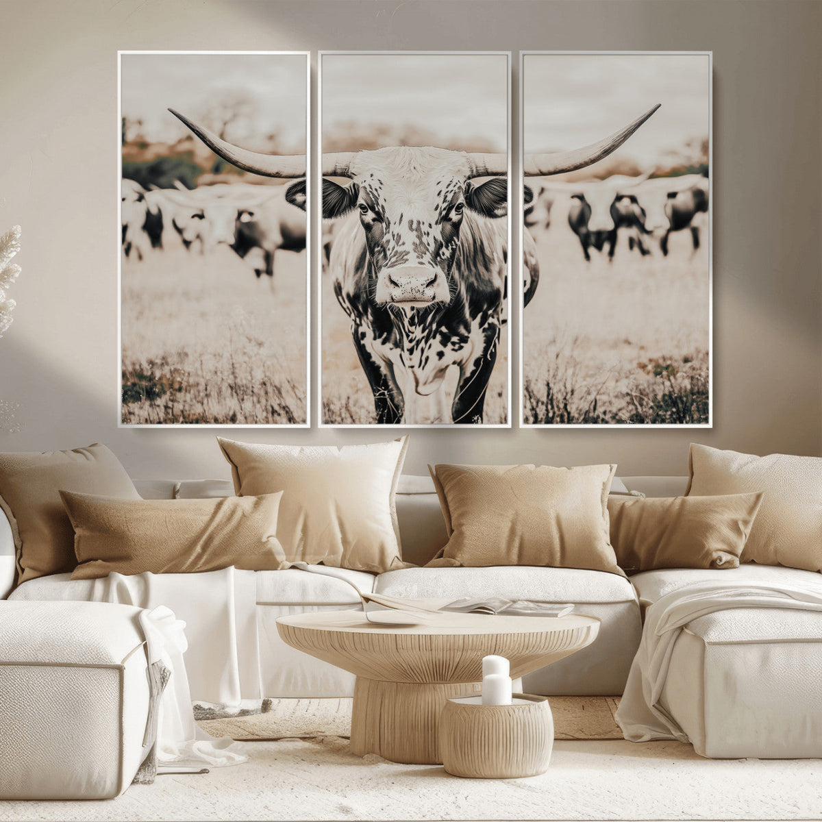 Texas Longhorn Wall Art Canvas Print | Framed Speckled Brown and White Bull