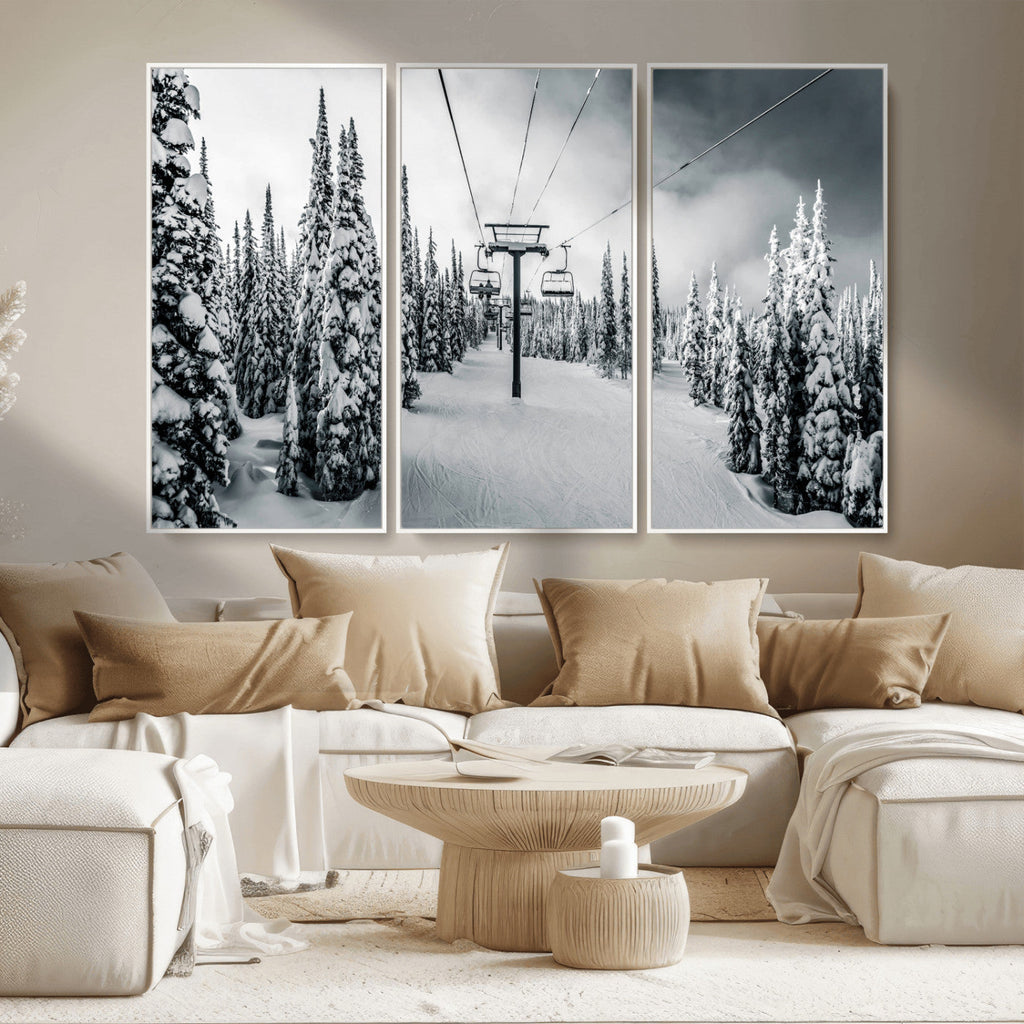 Snowy Pines Wall Art Canvas Print | Ski Lift in a Winter Forest