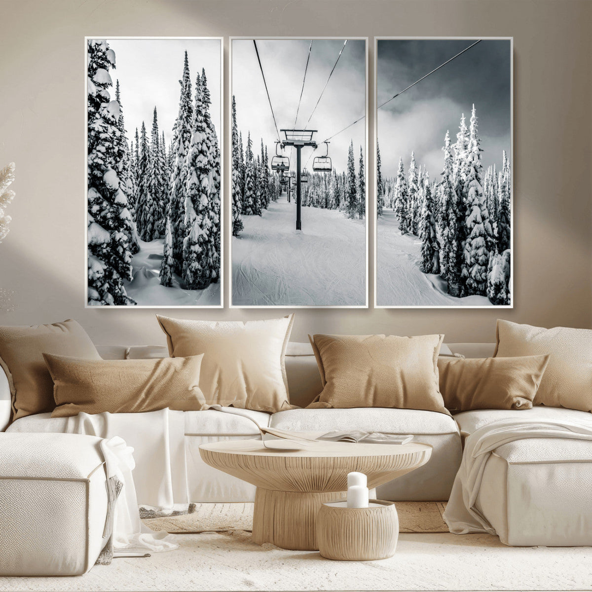 Snowy Pines Wall Art Canvas Print | Ski Lift in a Winter Forest