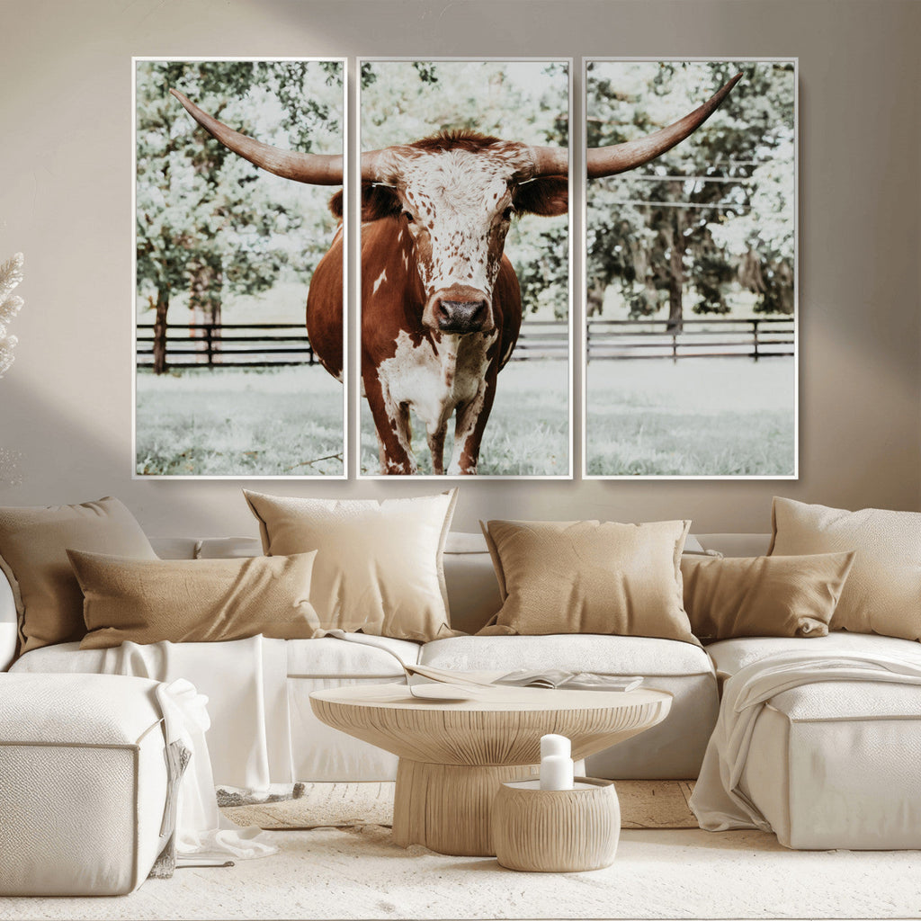Texas Longhorn Wall Art Canvas Print | Framed Spotted Brown and White Bull