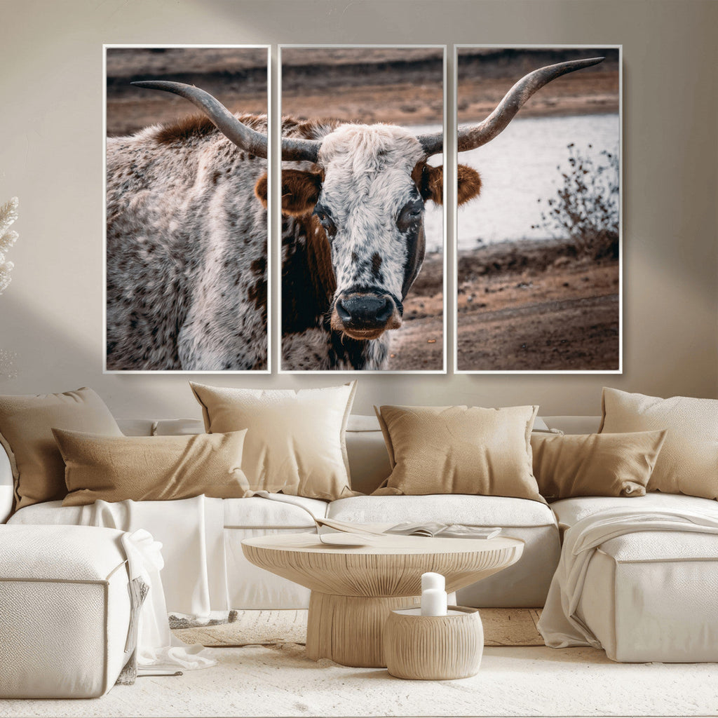 Texas Longhorn Wall Art Canvas Print | Framed Brown and White Spotted Longhorn
