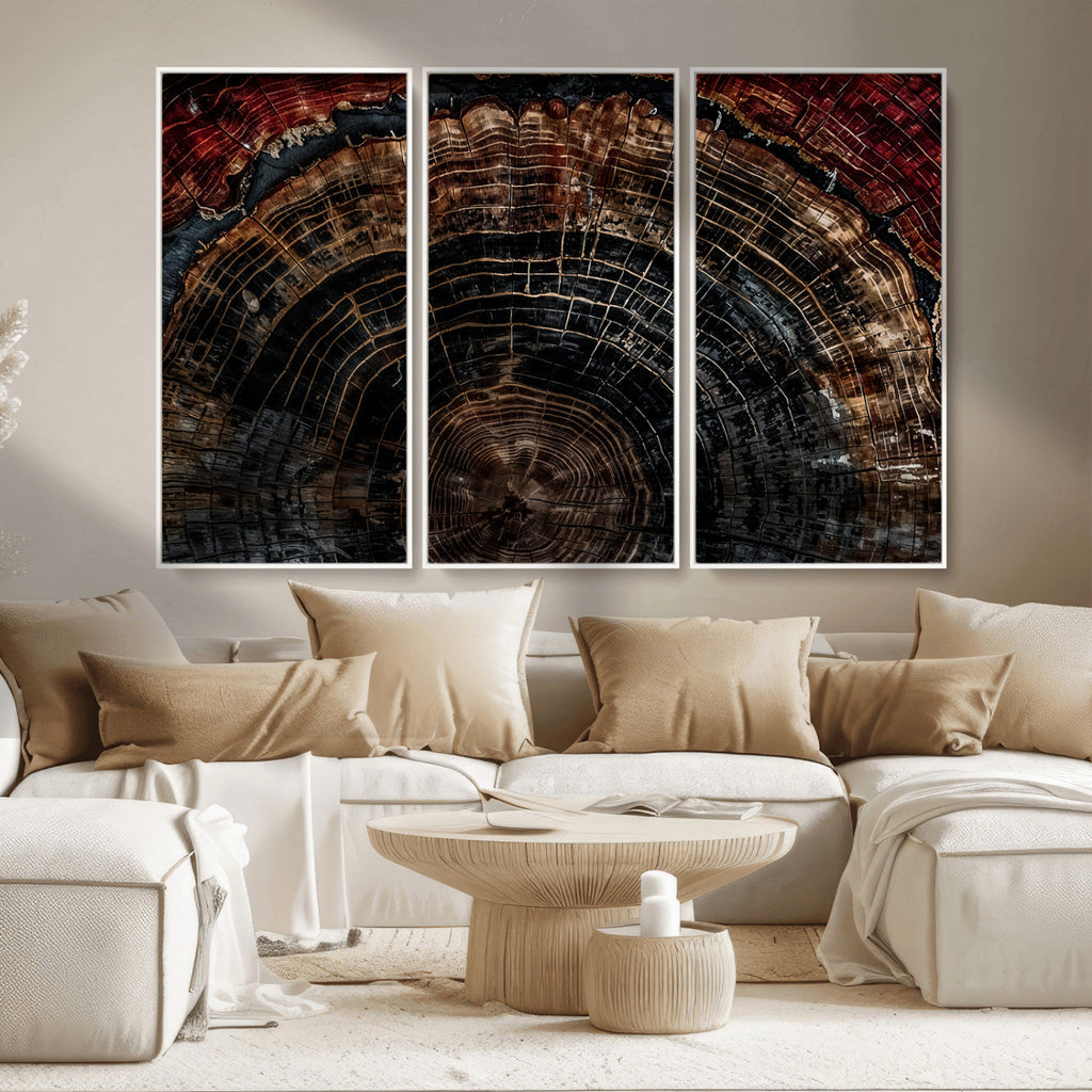 Dark Wood Ring Wall Art Canvas Print, Framed Abstract Tree Slice Print, Rustic Wood Grain Decor