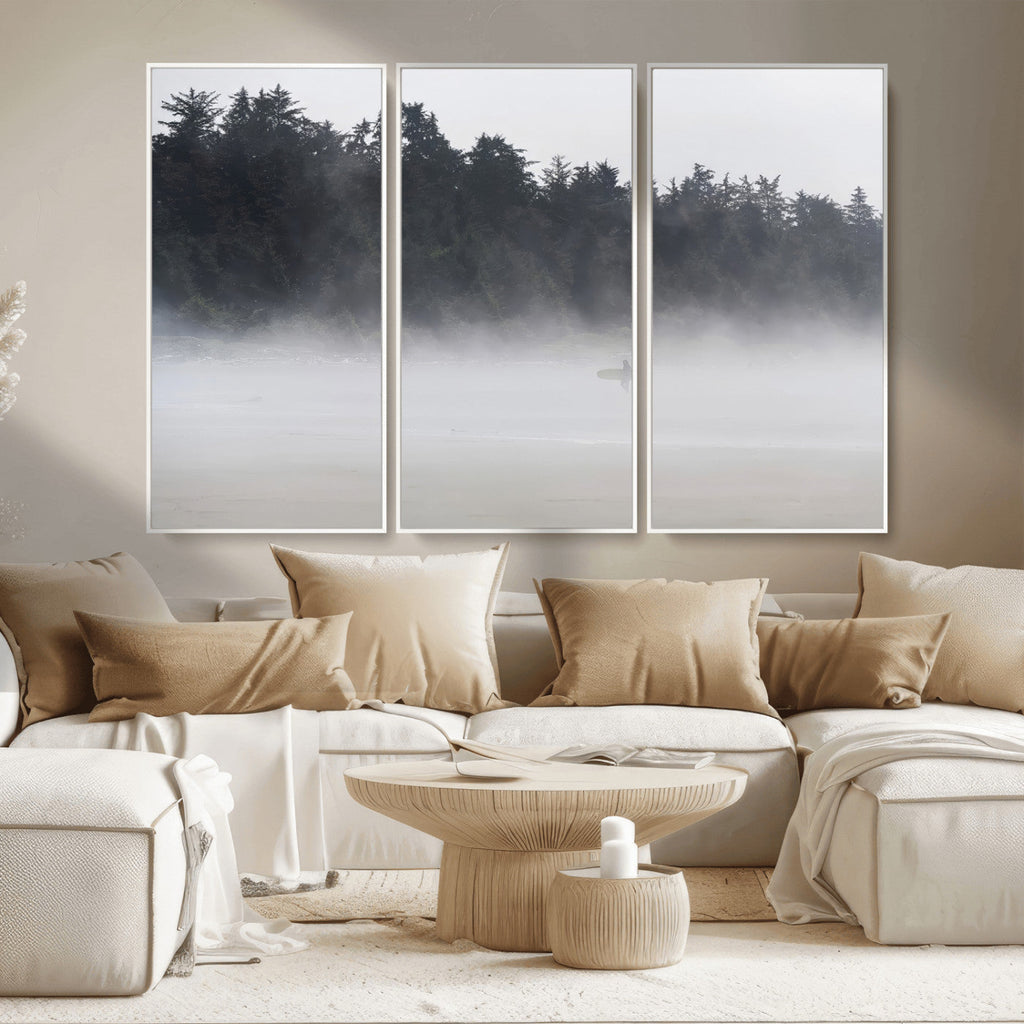 Surfer Fog Wall Art Canvas Print, Framed Foggy Beach and Coastal Surf Scene