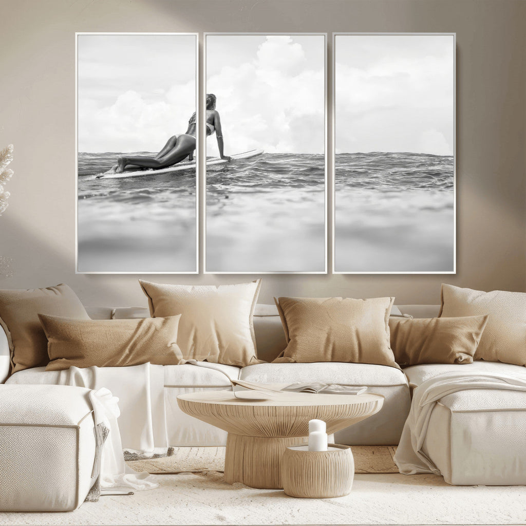 Black and White Surfing Wall Art Canvas Print, Framed Ocean Horizon Surfer Girl