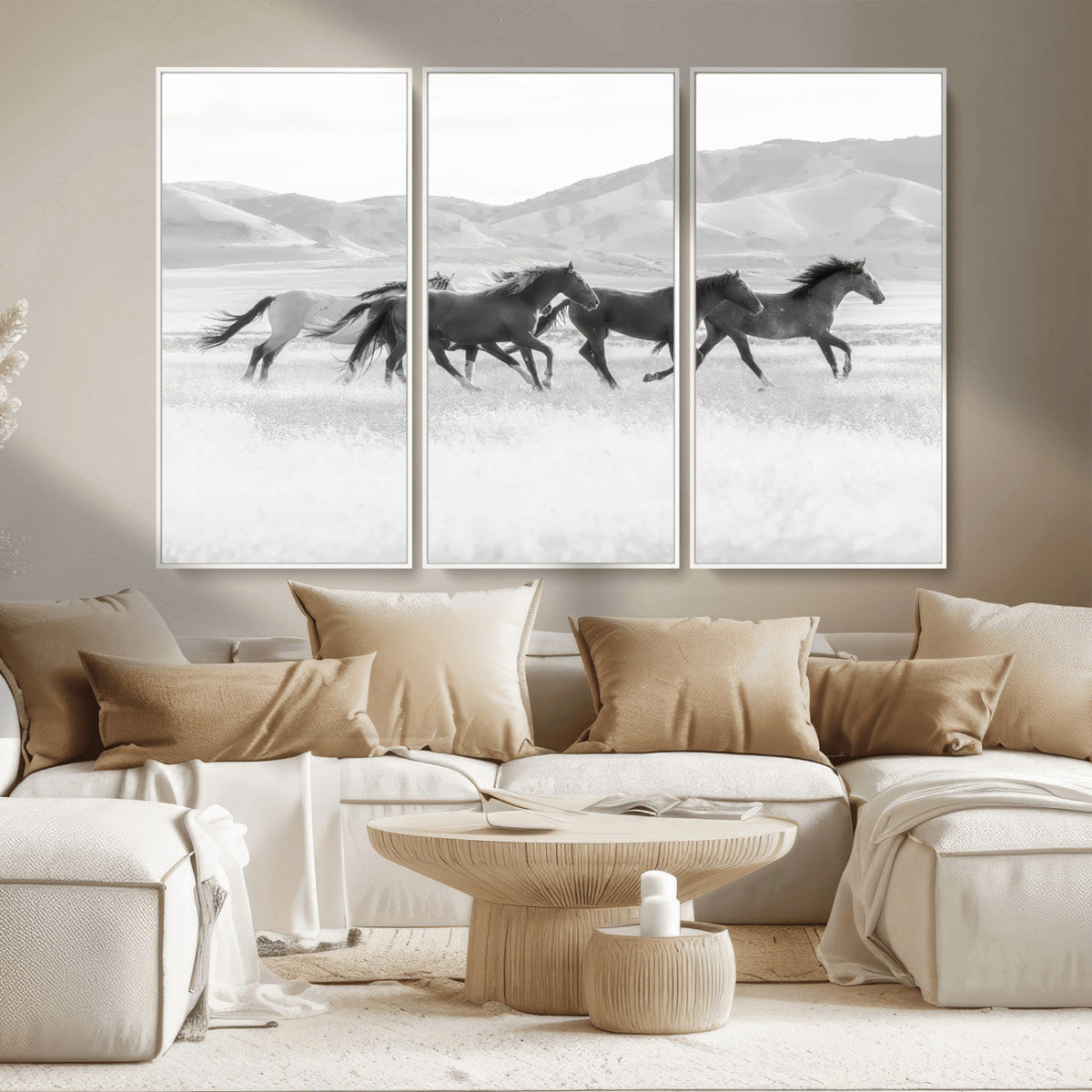 Wild Horses Running Wall Art Canvas Print, Framed Black White Mustangs Artwork