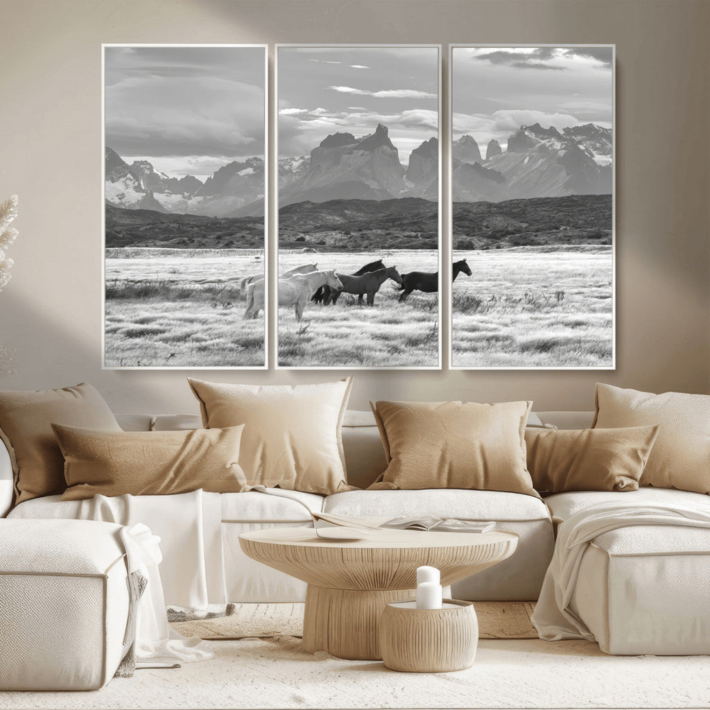 Wild Horses Wall Art | Framed Black White Mountain Canvas