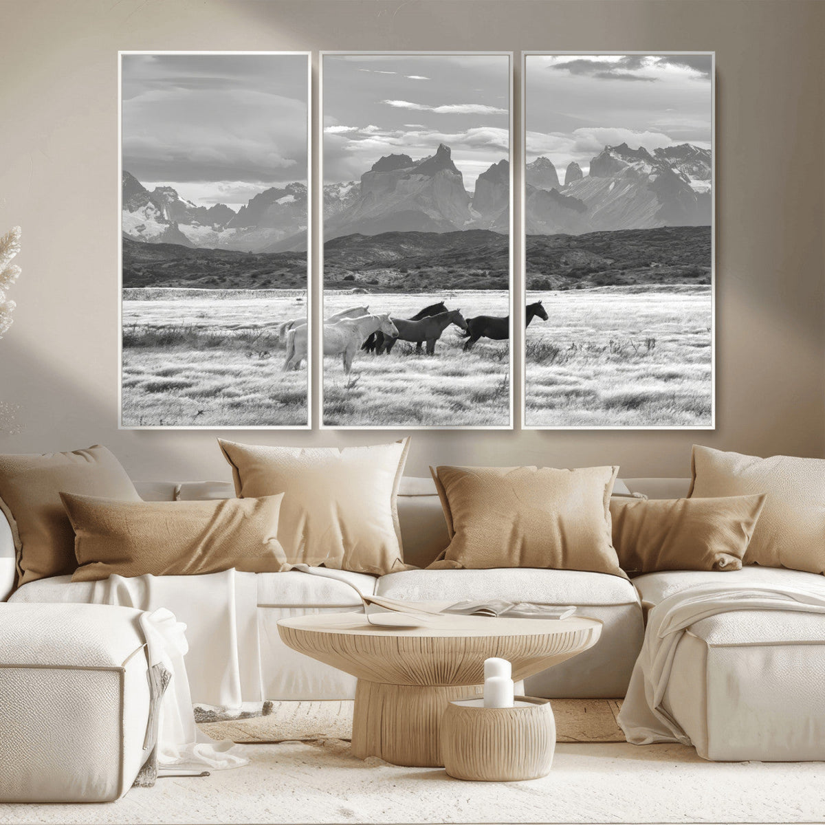 Wild Horses Wall Art | Framed Black White Mountain Canvas