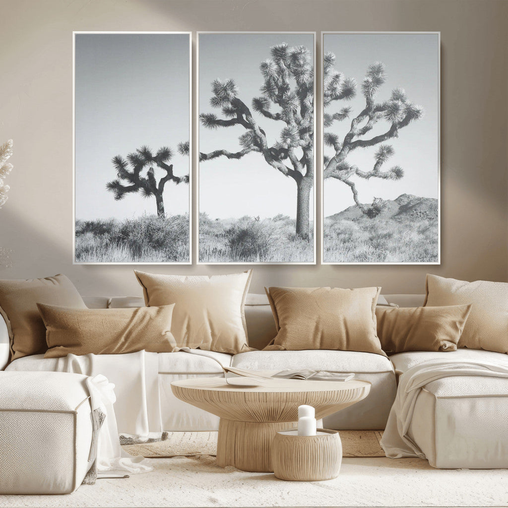 Joshua Tree Wall Art Canvas Print, Framed Black and White Desert Landscape Artwork