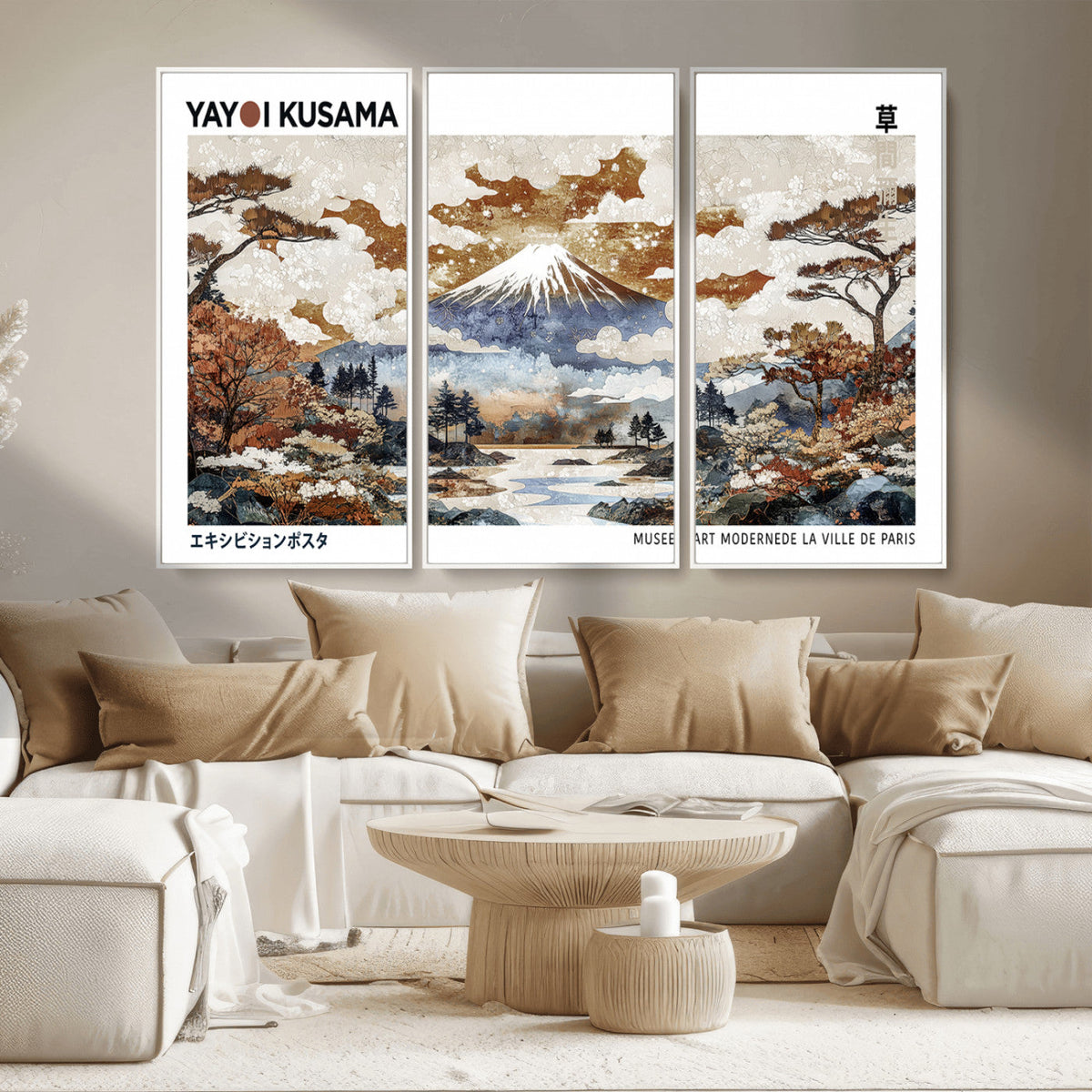 Modern Japanese Mount Fuji Canvas Art Print, Yayoi Kusama Wall Art, Framed Abstract Japanese Landscape