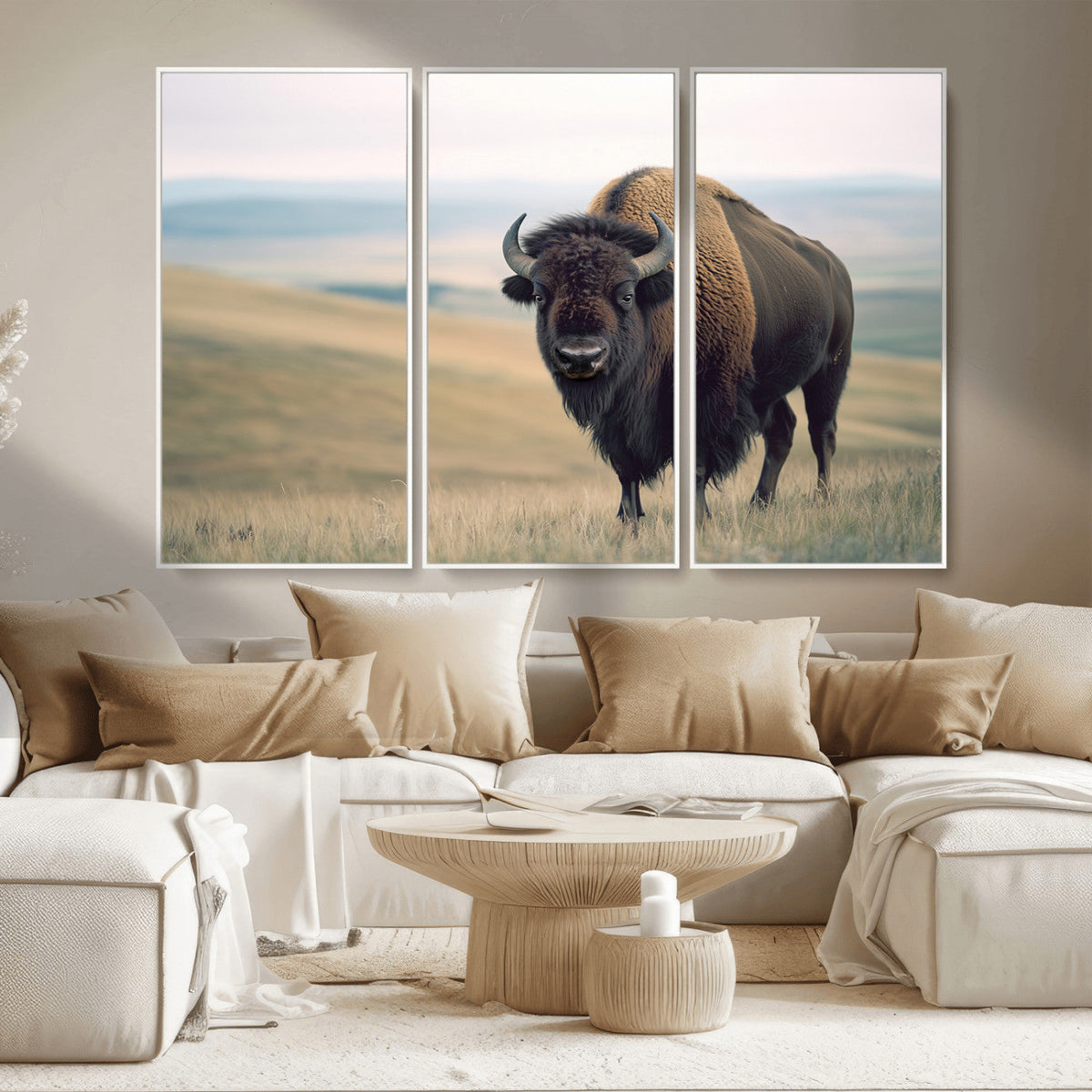 Bison Wall Art Canvas Print, Framed American Buffalo Rustic Western Artwork
