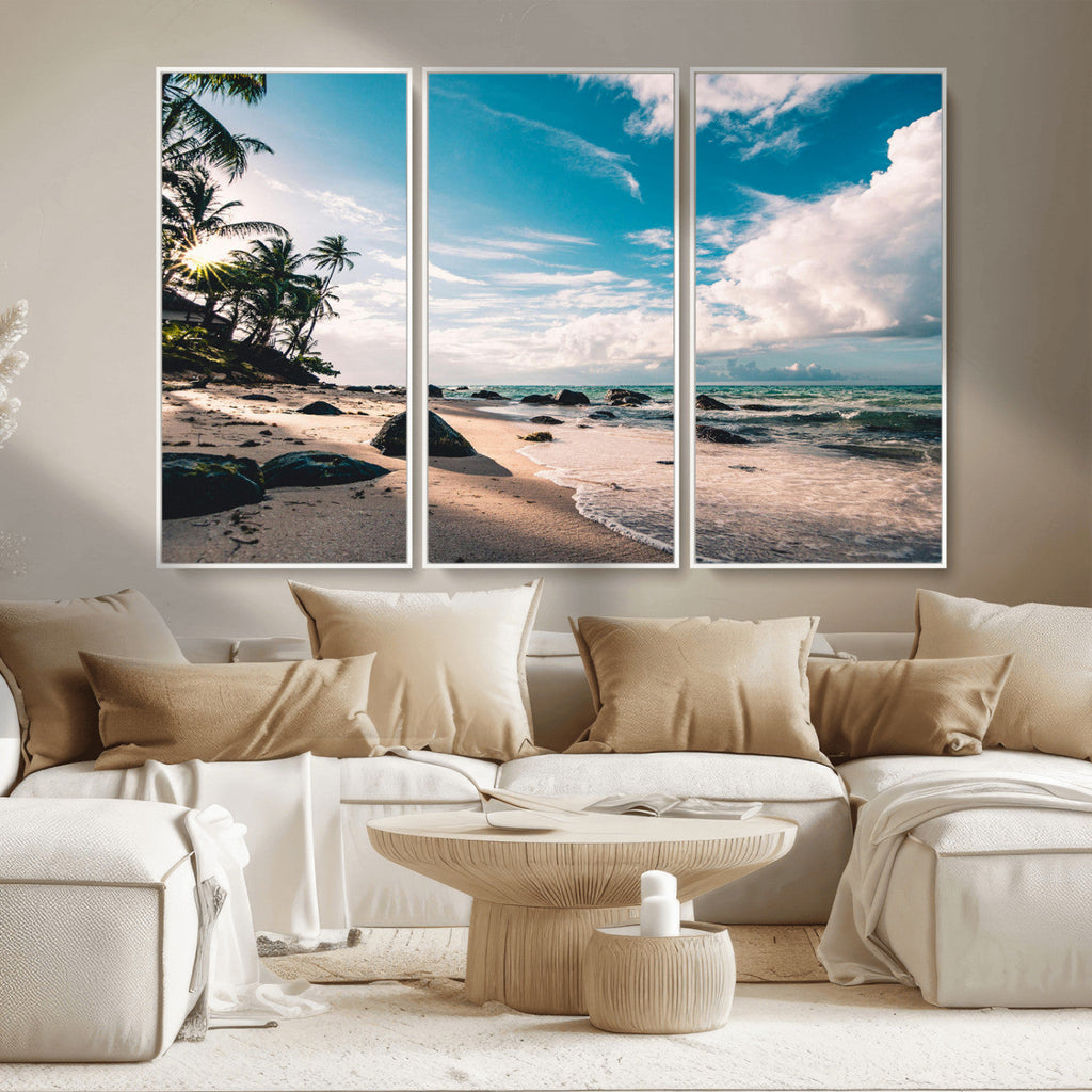 Tropical Beach Wall Art Canvas Print, Framed Ocean Waves Relaxing Seascape