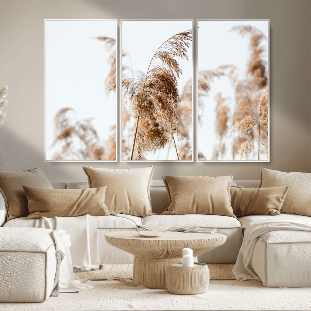 Pampas Grass Wall Art Canvas Print, Framed Neutral Tones Minimalist Boho