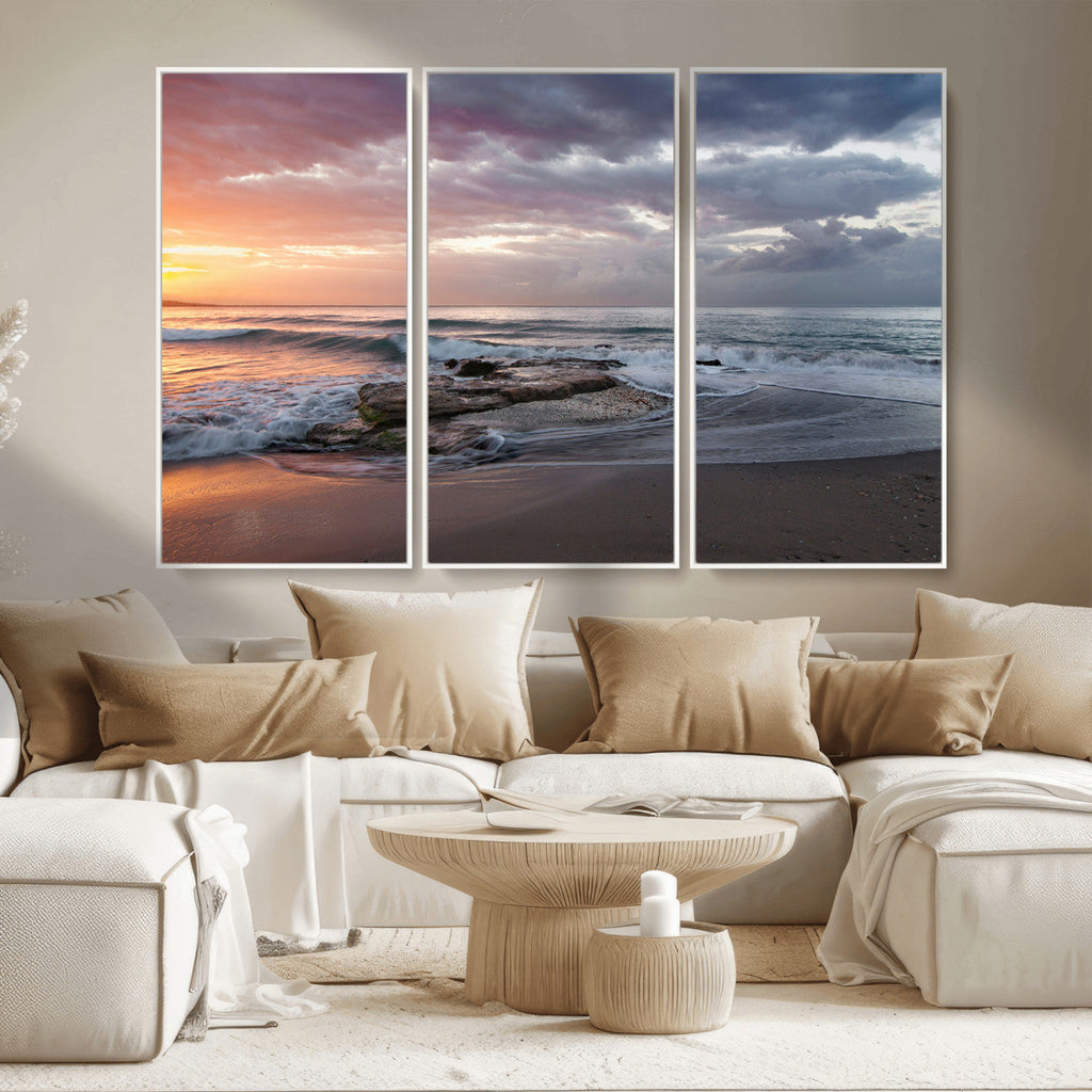 Golden Hour Wall Art Canvas Print, Framed Tranquil Waves Beach Sunset