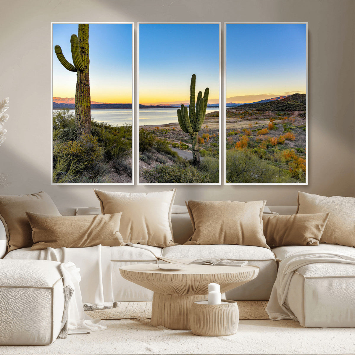 Saguaro Cactus Wall Art Canvas Print, Framed Desert Sunset Southwestern