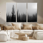 Misty Pines Wall Art Canvas Print, Framed Woodland Minimalist Black and White