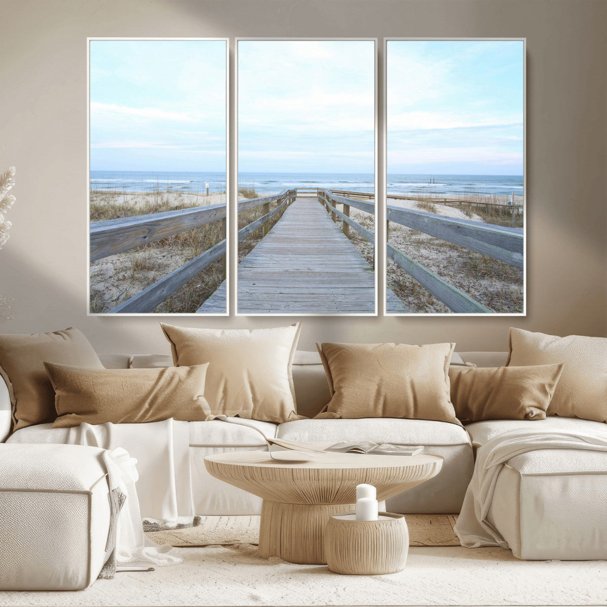 Beach Boardwalk Wall Art Canvas Print, Framed Coastal Serenity Ocean View