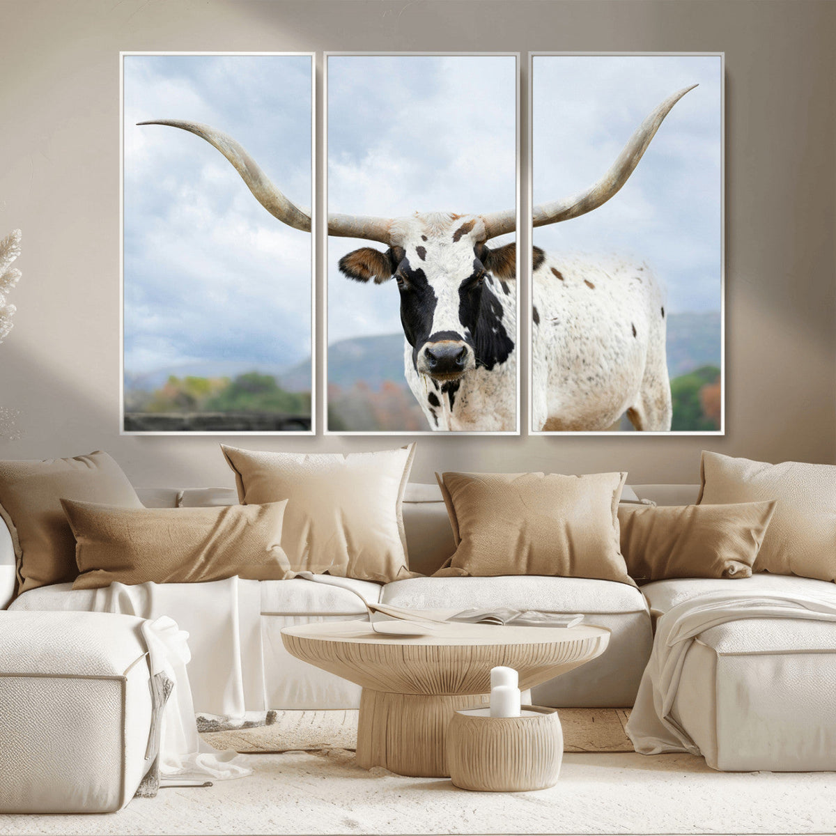 Texas Longhorn Wall Art Canvas Print, Framed Western Rustic Farmhouse